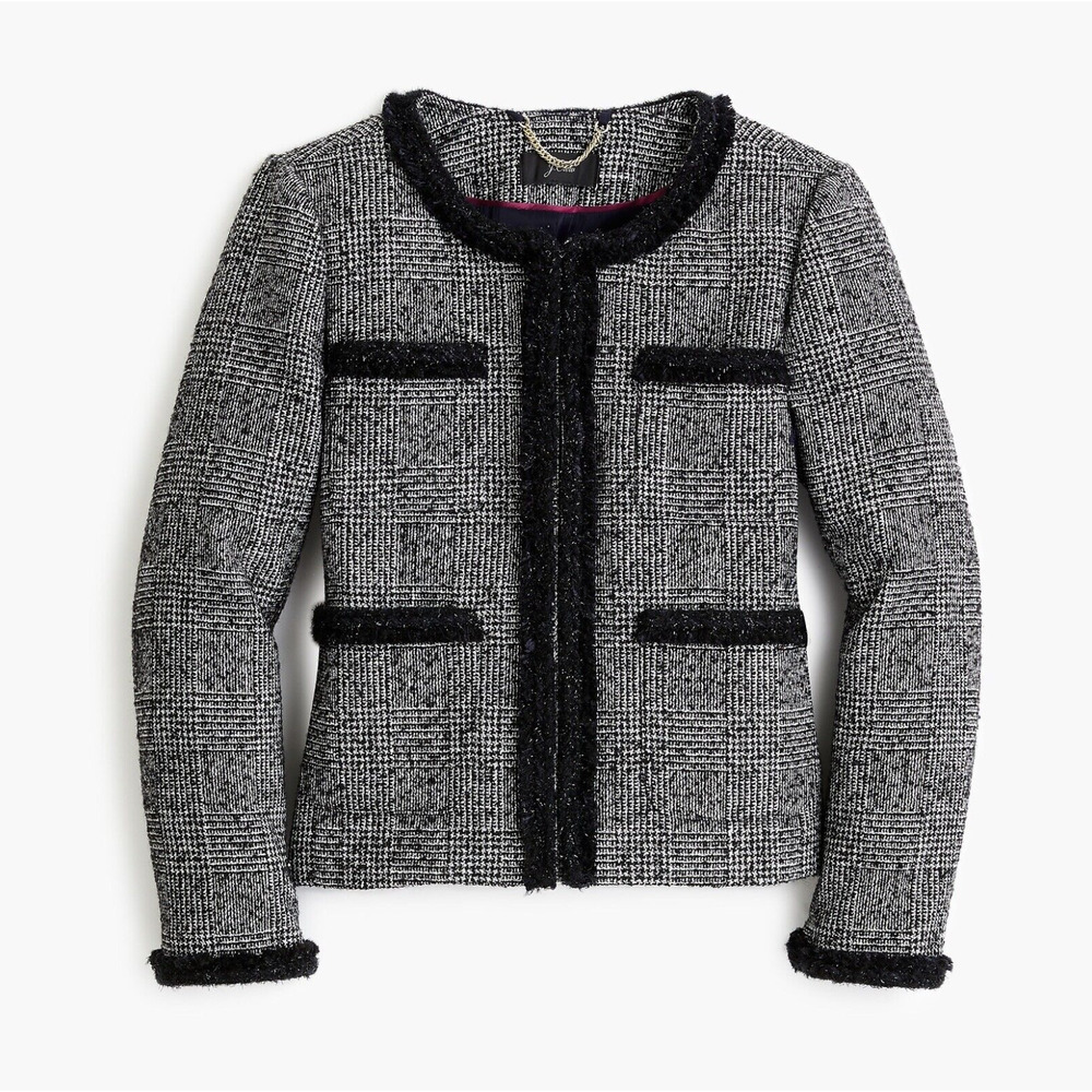 J. Crew Women's Glen Plaid Braided Trim Tweed Lady  Jacket Black/White 00